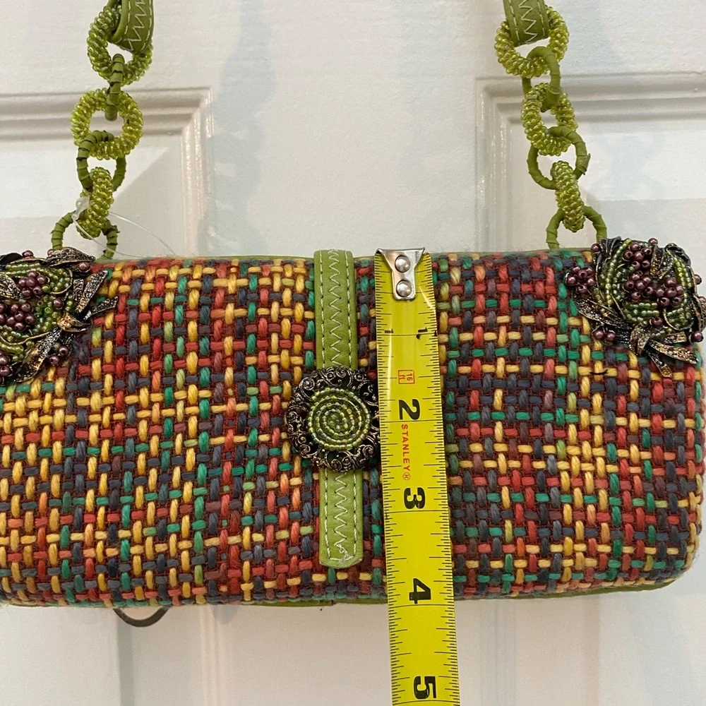 NWT! Mary Frances Green Beaded Bejeweled Collectible Floral & Plaid Shoulder Bag